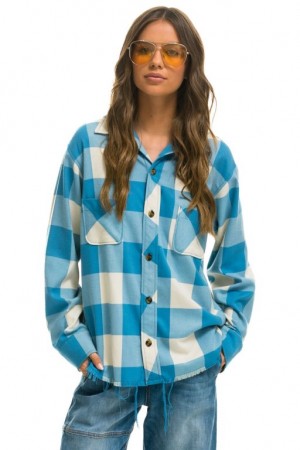 Camisa Aviator Nation Plaid Flannel Light Weight Western Mujer Blue | 27DKGSLFI
