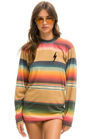 Camiseta Aviator Nation Bolt Embroidery Long Sleeve Crew Mujer Light Khaki | 29UOFGWKJ