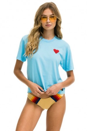 Camiseta Aviator Nation Heart Embroidery Boyfriend Mujer Blue | 23ZQKUCTD