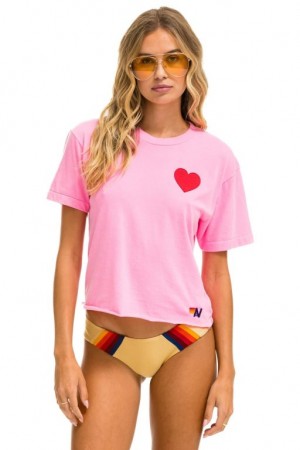 Camiseta Aviator Nation Heart Stitch Boyfriend Mujer Pink | 23ZMXOITU