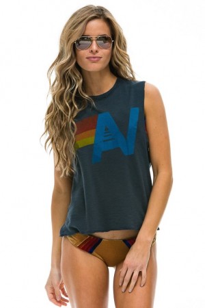 Camiseta Aviator Nation Logo Muscle Mujer Black | 29HPUOZCT