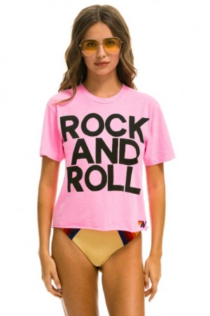 Camiseta Aviator Nation Rock And Roll Boyfriend Mujer Pink | 23ITYWNLG