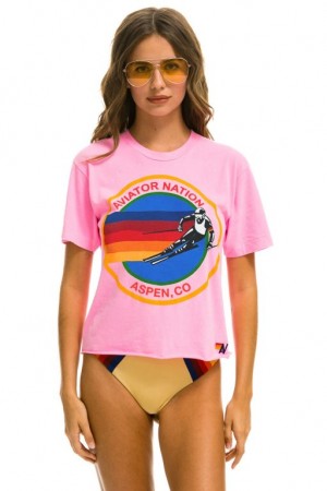 Camiseta Aviator Nation Signature Aspen Boyfriend Mujer Pink | 21HSUGBIL