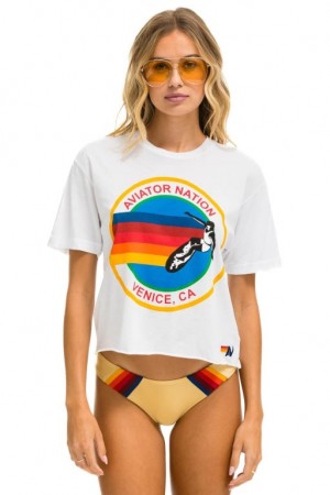 Camiseta Aviator Nation Signature Boyfriend Mujer White | 21DHIQGRX
