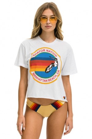 Camiseta Aviator Nation Signature Manhattan Beach Boyfriend Mujer White | 25JDQUABE
