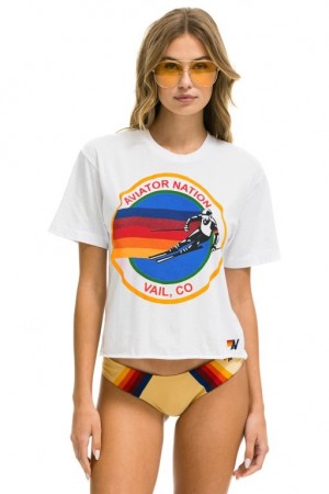 Camiseta Aviator Nation Signature Vail Boyfriend Mujer White | 24TGYJFIO