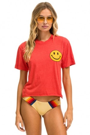 Camiseta Aviator Nation Smiley 2 Boyfriend Mujer Red | 23CPOQRWX