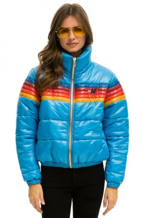 Chaquetas Aviator Nation 5 Stripe Luxe Apres Puffer Mujer Glossy Ocean | 14BLKFZWP