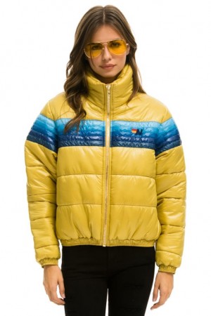Chaquetas Aviator Nation 5 Stripe Luxe Apres Puffer Mujer Glossy Khahki | 14BUFCDYQ