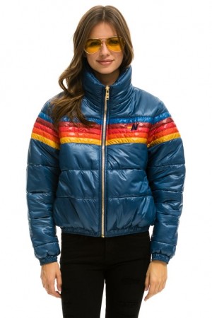 Chaquetas Aviator Nation 5 Stripe Luxe Apres Puffer Mujer Dark Blue | 14CERPXKS