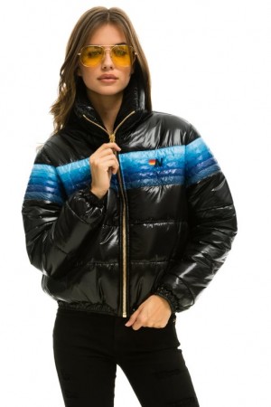 Chaquetas Aviator Nation 5 Stripe Luxe Apres Puffer Mujer Black / Blue | 14DGXFMEA