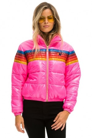 Chaquetas Aviator Nation 5 Stripe Luxe Apres Puffer Mujer Pink | 14HRQIXFT