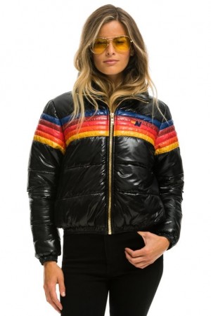 Chaquetas Aviator Nation 5 Stripe Luxe Apres Puffer Mujer Black | 14JABEYIG