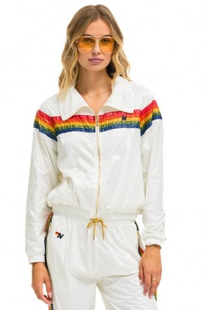 Chaquetas Aviator Nation 5 Stripe Windbreaker Mujer White | 14RXWMNQA