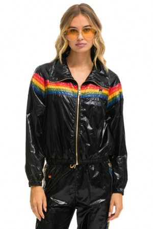 Chaquetas Aviator Nation 5 Stripe Windbreaker Mujer Black | 14VFYOCTB