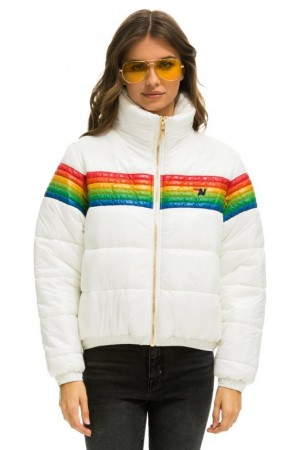 Chaquetas Aviator Nation 6 Stripe Luxe Apres Puffer Mujer White | 13JLAHBQG