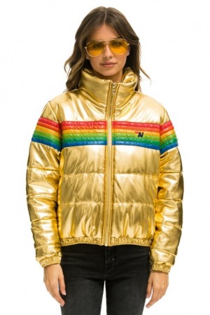 Chaquetas Aviator Nation 6 Stripe Luxe Apres Puffer Mujer Glossy Golden | 13MROTECK