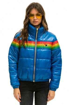 Chaquetas Aviator Nation 6 Stripe Luxe Apres Puffer Mujer Blue | 14PKHUYJM