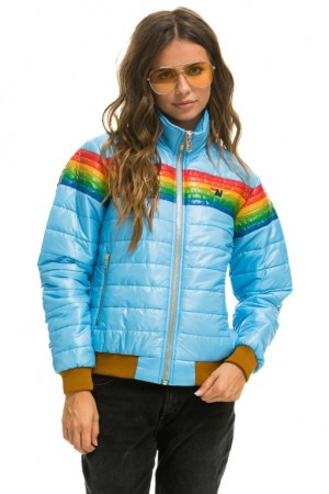 Chaquetas Aviator Nation 6 Stripe Rainbow Sleeve Mujer Blue | 13GEQSXVI