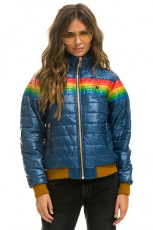 Chaquetas Aviator Nation 6 Stripe Rainbow Sleeve Mujer Deep Blue | 13GJLYUNZ