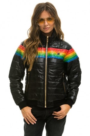 Chaquetas Aviator Nation 6 Stripe Rainbow Sleeve Mujer Black | 13IVKZPNL