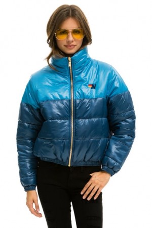 Chaquetas Aviator Nation Color Block Half And Half Apres Puffer Mujer Ocean Glossy | 14OUEZRCD