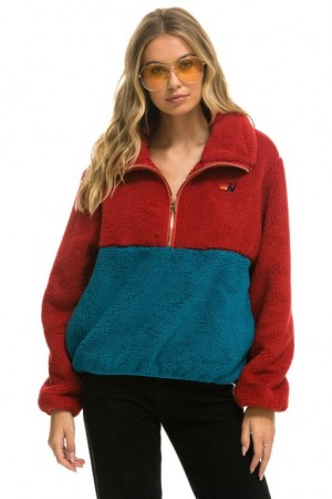 Chaquetas Aviator Nation Teddy Apres Half Zip Color Block Mujer Pink | 10OLCNJQK