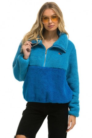 Chaquetas Aviator Nation Teddy Apres Half Zip Color Block Mujer Ocean | 10OZPXVRE