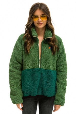 Chaquetas Aviator Nation Teddy Apres Half Zip Color Block Mujer Green | 14NTYDRGM