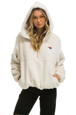 Chaquetas Aviator Nation Teddy Apres Hooded Half Zip Mujer White | 14MYAXOFE