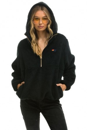 Chaquetas Aviator Nation Teddy Apres Hooded Half Zip Mujer Black | 14NKLMSCB