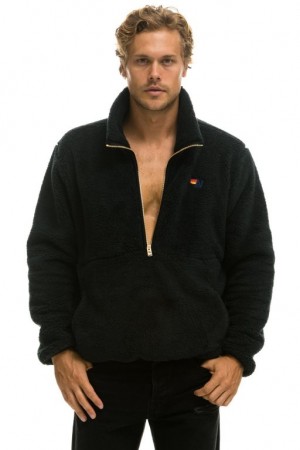 Chaquetas Aviator Nation Teddy Half Zip Hombre Black | 68VLXCWQO