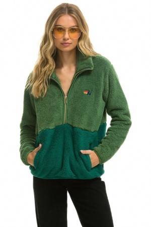 Chaquetas Aviator Nation Teddy Half Zip Color Block Mujer Green | 09VFAQOZK