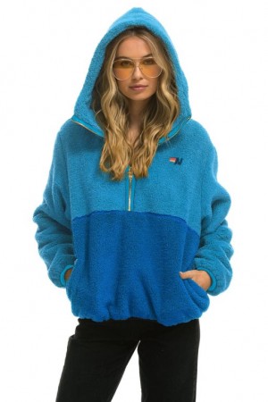 Chaquetas Aviator Nation Teddy Hooded Half Zip Color Block Mujer Ocean | 09ITQYKWL