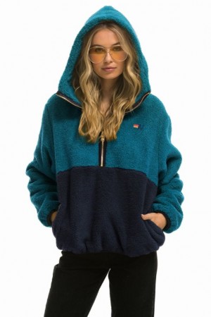 Chaquetas Aviator Nation Teddy Hooded Half Zip Color Block Mujer Capri | 09OIEVDTR