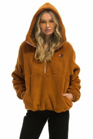 Chaquetas Aviator Nation Teddy Hooded Half Zip Mujer Whiskey | 14JDIKGAZ