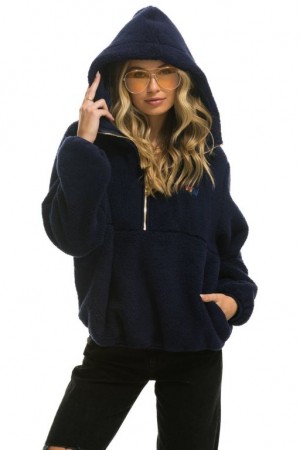 Chaquetas Aviator Nation Teddy Hooded Half Zip Mujer Navy | 14KGMLUSD