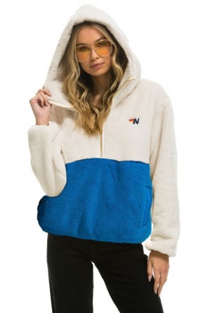 Chaquetas Aviator Nation Teddy Hooded Half Zip Color Block Mujer White | 14MCVBTPE