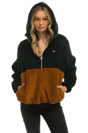 Chaquetas Aviator Nation Teddy Hooded Half Zip Color Block Mujer Black | 14MNEDSTP