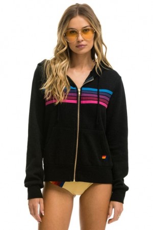 Sudadera con Capucha Aviator Nation 5 Stripe Mujer Black / Pink Purple | 04YBJZFHX