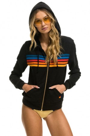 Sudadera con Capucha Aviator Nation 5 Stripe Mujer Black | 04YXRHMNE