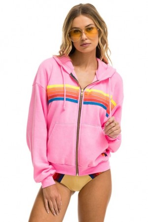 Sudadera con Capucha Aviator Nation 5 Stripe Relaxed Zip Hombre Pink / Multicolor | 62HOKMWVX