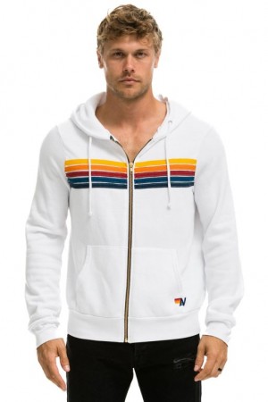 Sudadera con Capucha Aviator Nation 5 Stripe Hombre White | 62IOEBHNJ
