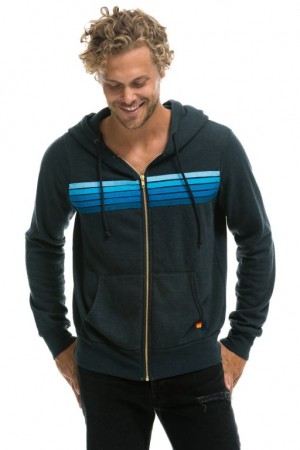 Sudadera con Capucha Aviator Nation 5 Stripe Hombre Grey / Blue | 62YBQXDPT