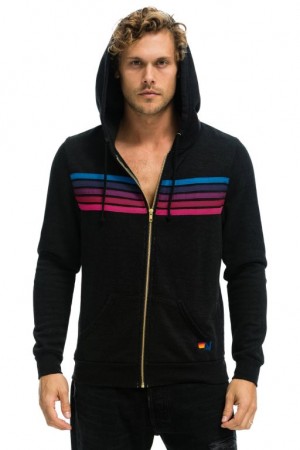 Sudadera con Capucha Aviator Nation 5 Stripe Hombre Black / Pink Purple | 62YTCVMRJ