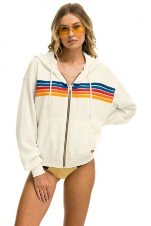 Sudadera con Capucha Aviator Nation 5 Stripe Relaxed Zip Mujer White | 03ORJIHNW