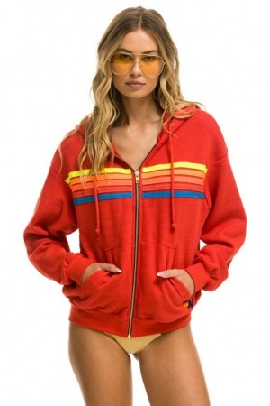Sudadera con Capucha Aviator Nation 5 Stripe Relaxed Zip Mujer Red / Multicolor | 03QLSGPHD