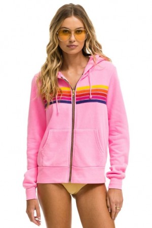 Sudadera con Capucha Aviator Nation 5 Stripe Mujer Pink / Yellow / Purple | 04FJTVEIR