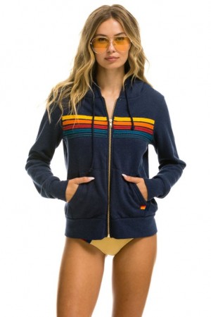 Sudadera con Capucha Aviator Nation 5 Stripe Mujer Navy | 04LYRCPBE