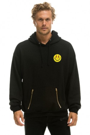 Sudadera con Capucha Aviator Nation Bolt Smiley Embroidery Relaxed Pullover Mujer Black | 06JIPZFXB